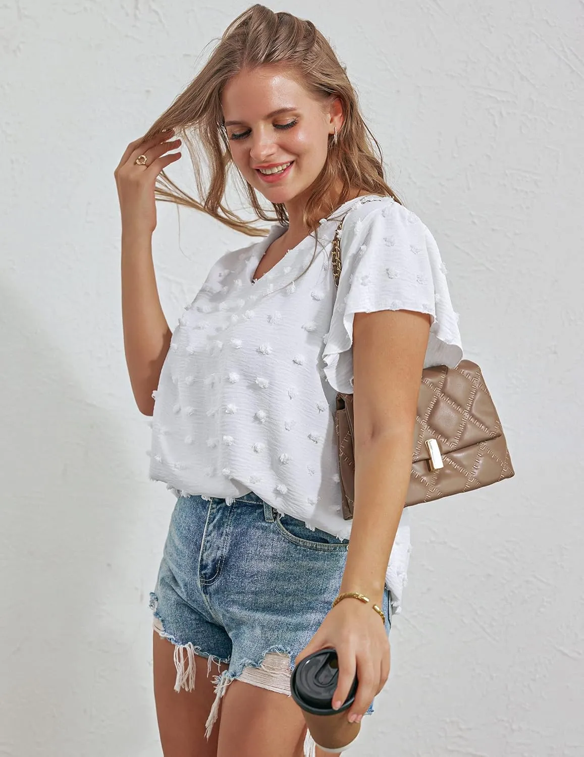 IN'VOLAND Womens Plus Size White Blouse Dressy V Neck Cute Ruffle Sleeve Summer Tops Flowy Pom Pom Tshirts
