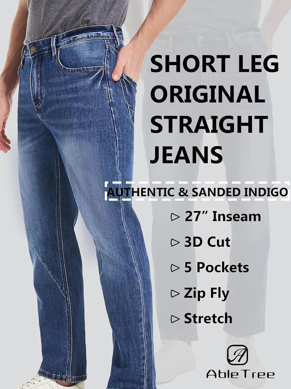 Jeans for Short Men 27" Original Straight Taper Fit Short Length Casual Stretch Denim Pants AT01
