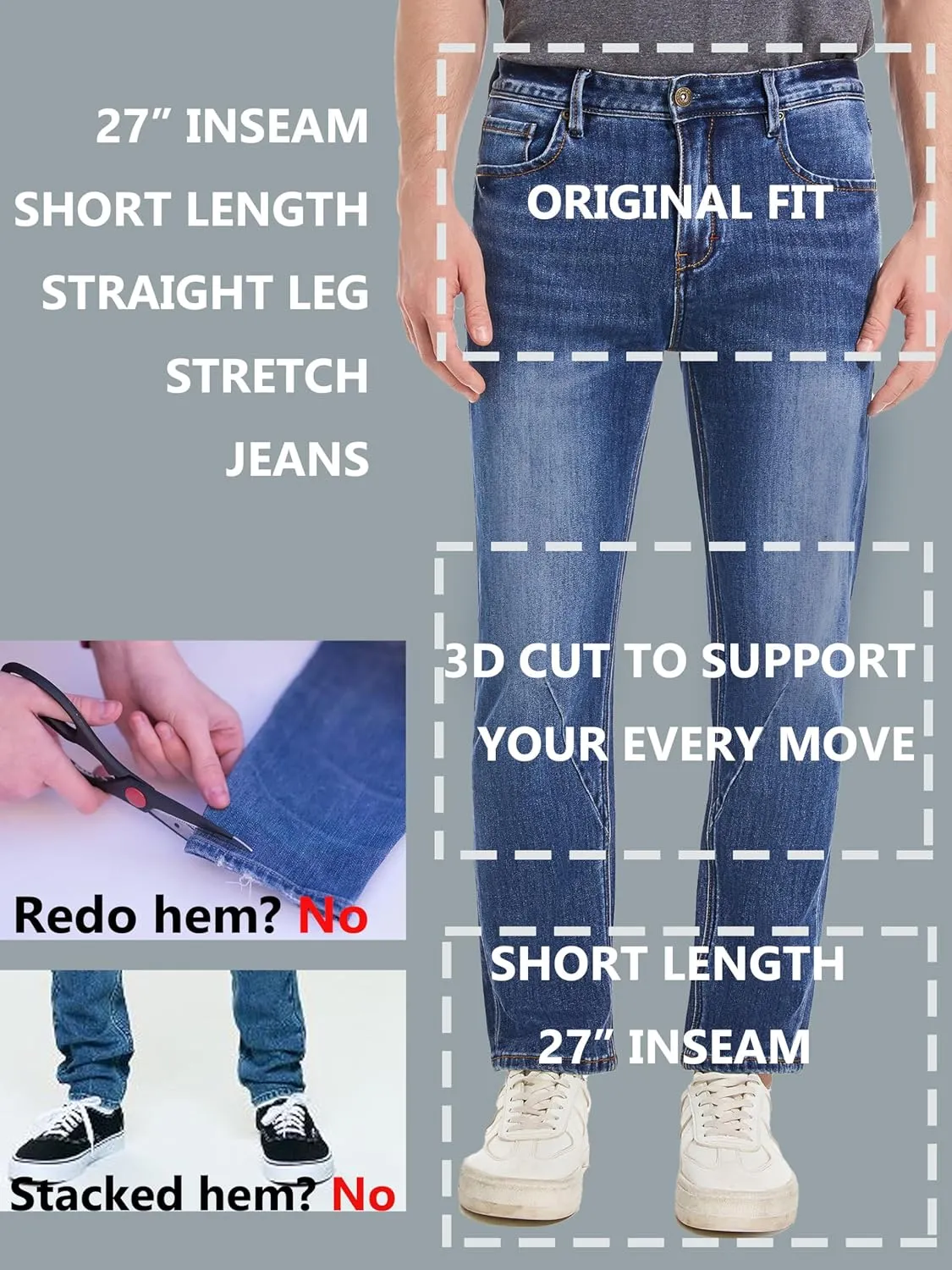 Jeans for Short Men 27" Original Straight Taper Fit Short Length Casual Stretch Denim Pants AT01