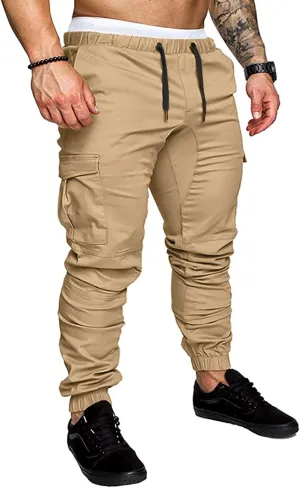 JMIERR Mens Fashion Cargo Pants - Casual Cotton Tapered Stretch Twill Drawstring Athletic Joggers Sweatpants with 6 Pockets