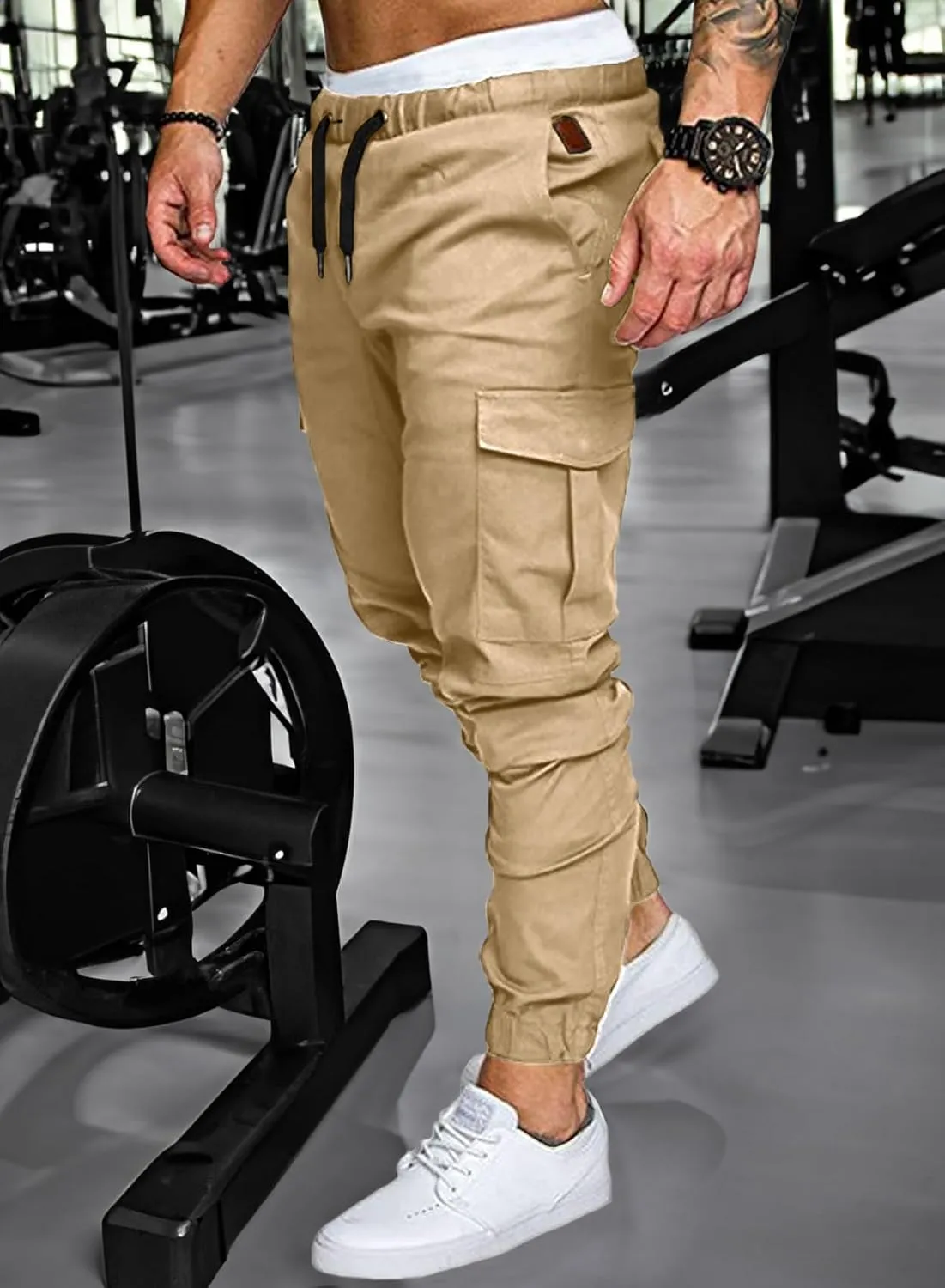 JMIERR Mens Fashion Cargo Pants - Casual Cotton Tapered Stretch Twill Drawstring Athletic Joggers Sweatpants with 6 Pockets