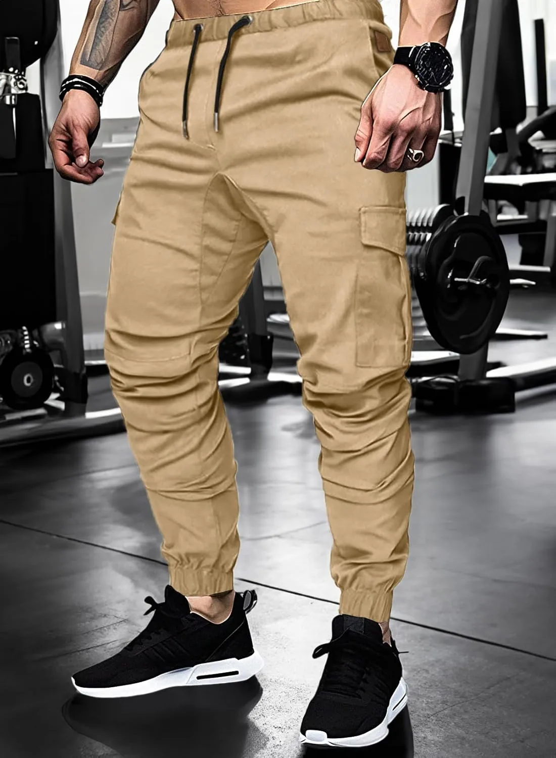 JMIERR Mens Fashion Cargo Pants - Casual Cotton Tapered Stretch Twill Drawstring Athletic Joggers Sweatpants with 6 Pockets