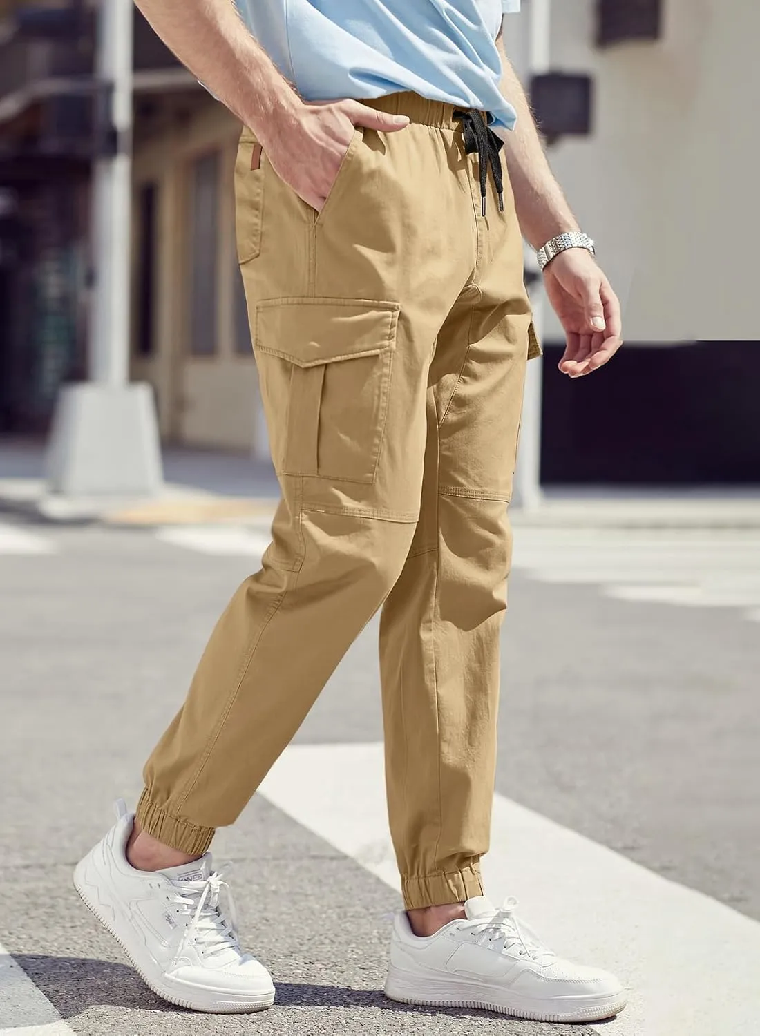 JMIERR Mens Fashion Cargo Pants - Casual Cotton Tapered Stretch Twill Drawstring Athletic Joggers Sweatpants with 6 Pockets