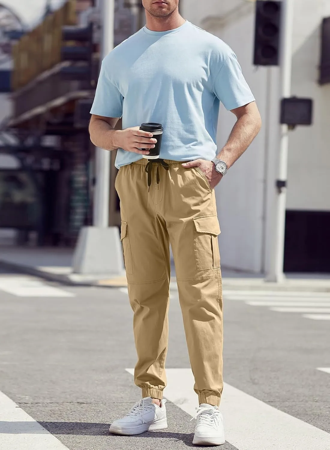 JMIERR Mens Fashion Cargo Pants - Casual Cotton Tapered Stretch Twill Drawstring Athletic Joggers Sweatpants with 6 Pockets