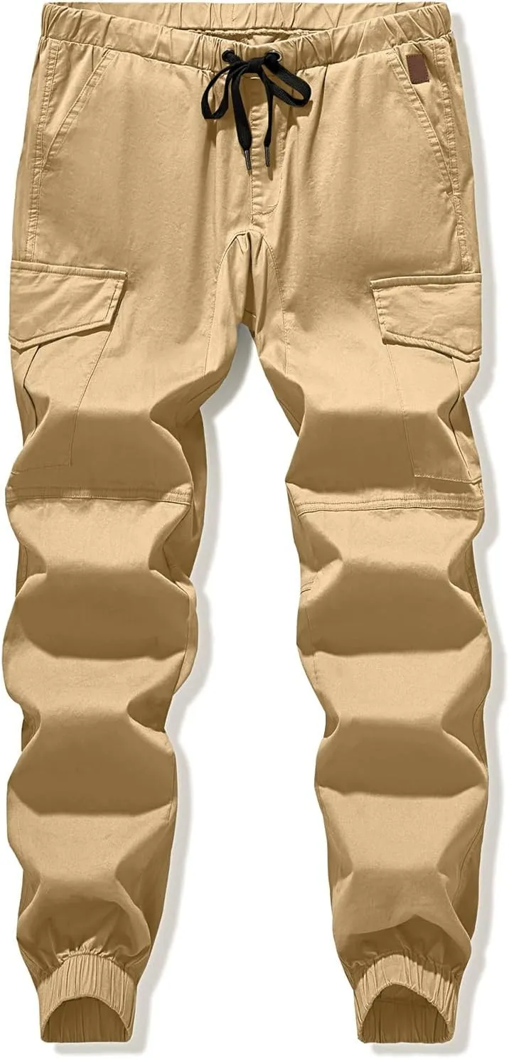 JMIERR Mens Fashion Cargo Pants - Casual Cotton Tapered Stretch Twill Drawstring Athletic Joggers Sweatpants with 6 Pockets
