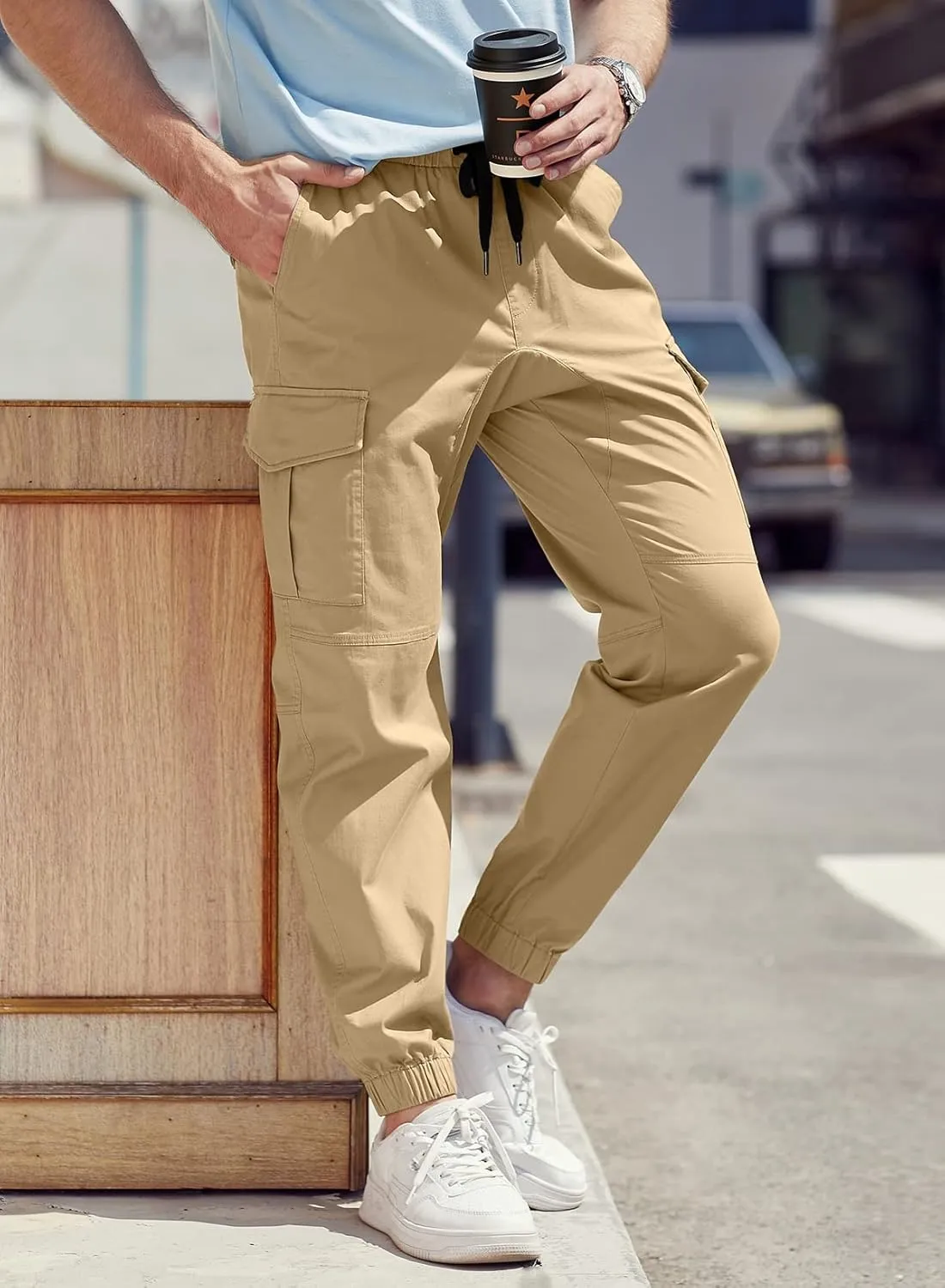 JMIERR Mens Fashion Cargo Pants - Casual Cotton Tapered Stretch Twill Drawstring Athletic Joggers Sweatpants with 6 Pockets