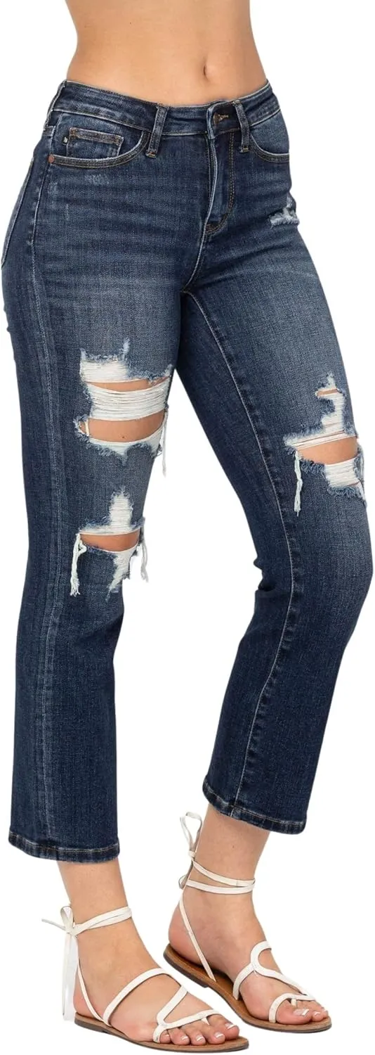 Judy Blue Women's Mid-Rise Ripped Cropped Straight Leg Jeans 88517