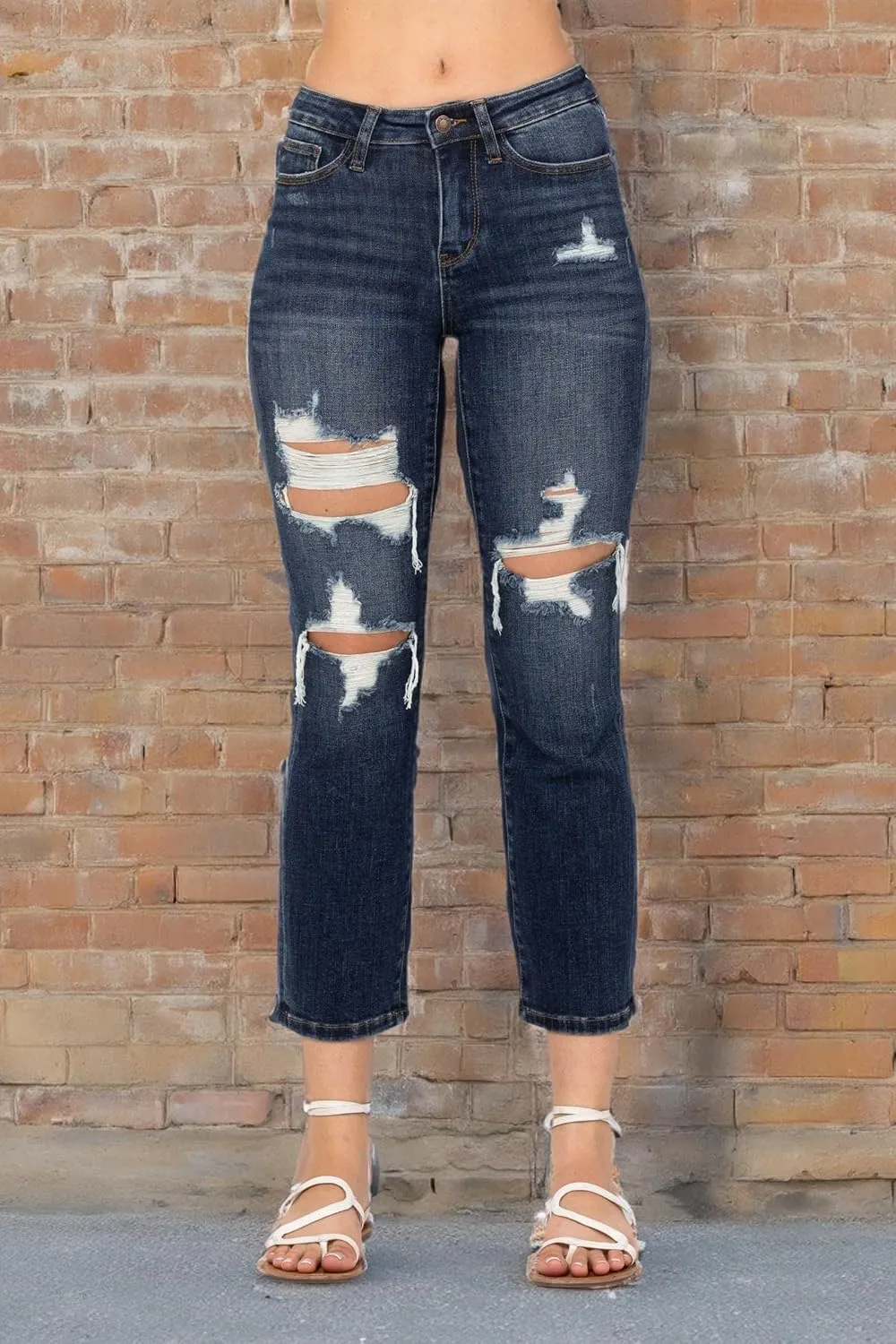Judy Blue Women's Mid-Rise Ripped Cropped Straight Leg Jeans 88517