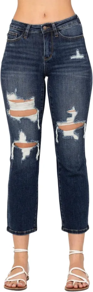 Judy Blue Women's Mid-Rise Ripped Cropped Straight Leg Jeans 88517