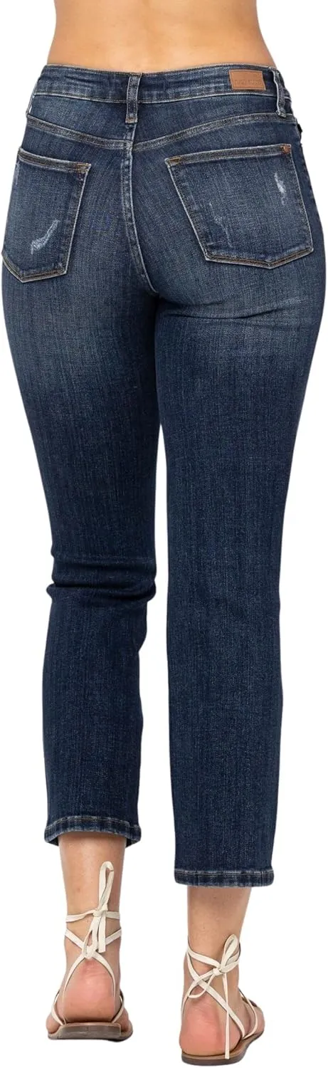 Judy Blue Women's Mid-Rise Ripped Cropped Straight Leg Jeans 88517