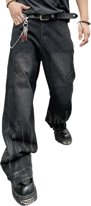 Men's Irregular Sutures Y2k Hip Hop Baggy Jeans Wide Leg Denim Pants Casual Loose Fit Trousers Streetwear
