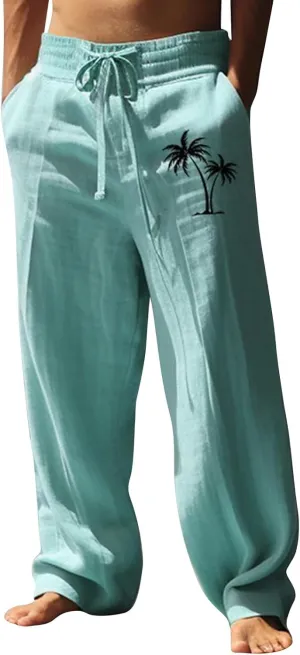 Men's Linen Pants Palm Tree Graphic Casual Pant Summer Outdoor Vacation Beach Plus Size Trousers Open Bottom Slacks