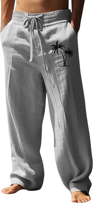 Men's Linen Pants Palm Tree Graphic Casual Pant Summer Outdoor Vacation Beach Plus Size Trousers Open Bottom Slacks