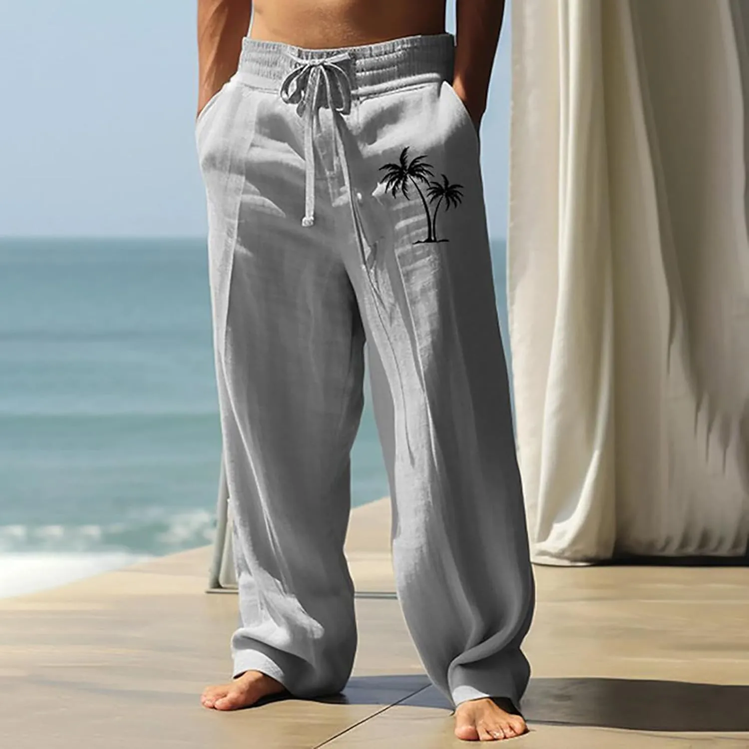 Men's Linen Pants Palm Tree Graphic Casual Pant Summer Outdoor Vacation Beach Plus Size Trousers Open Bottom Slacks