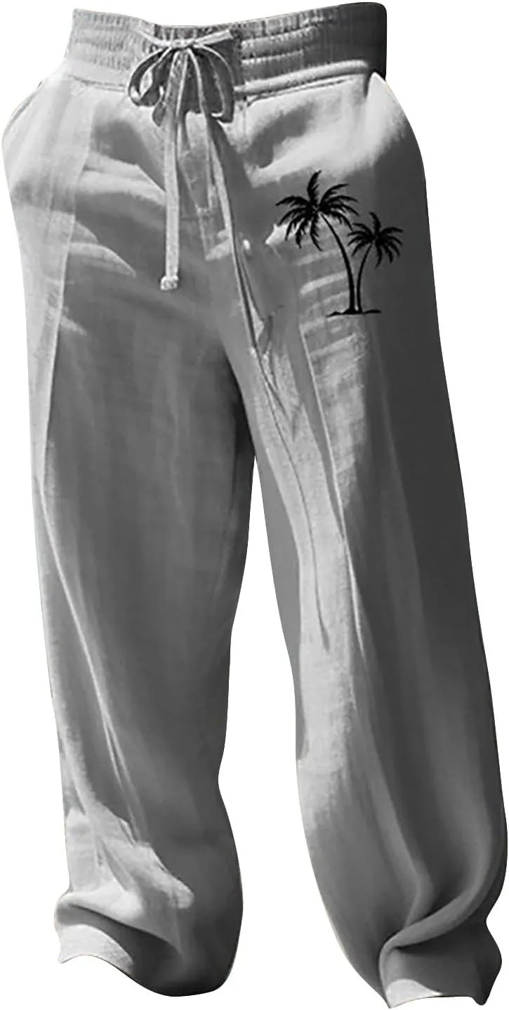 Men's Linen Pants Palm Tree Graphic Casual Pant Summer Outdoor Vacation Beach Plus Size Trousers Open Bottom Slacks