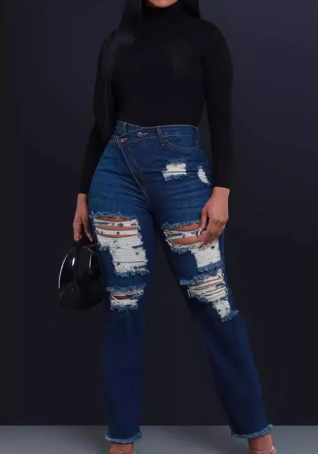 Molisry Women's Ripped Jeans Casual High Waisted Wrap Distressed Y2K Loose Straight Leg Destroyed Denim Pants