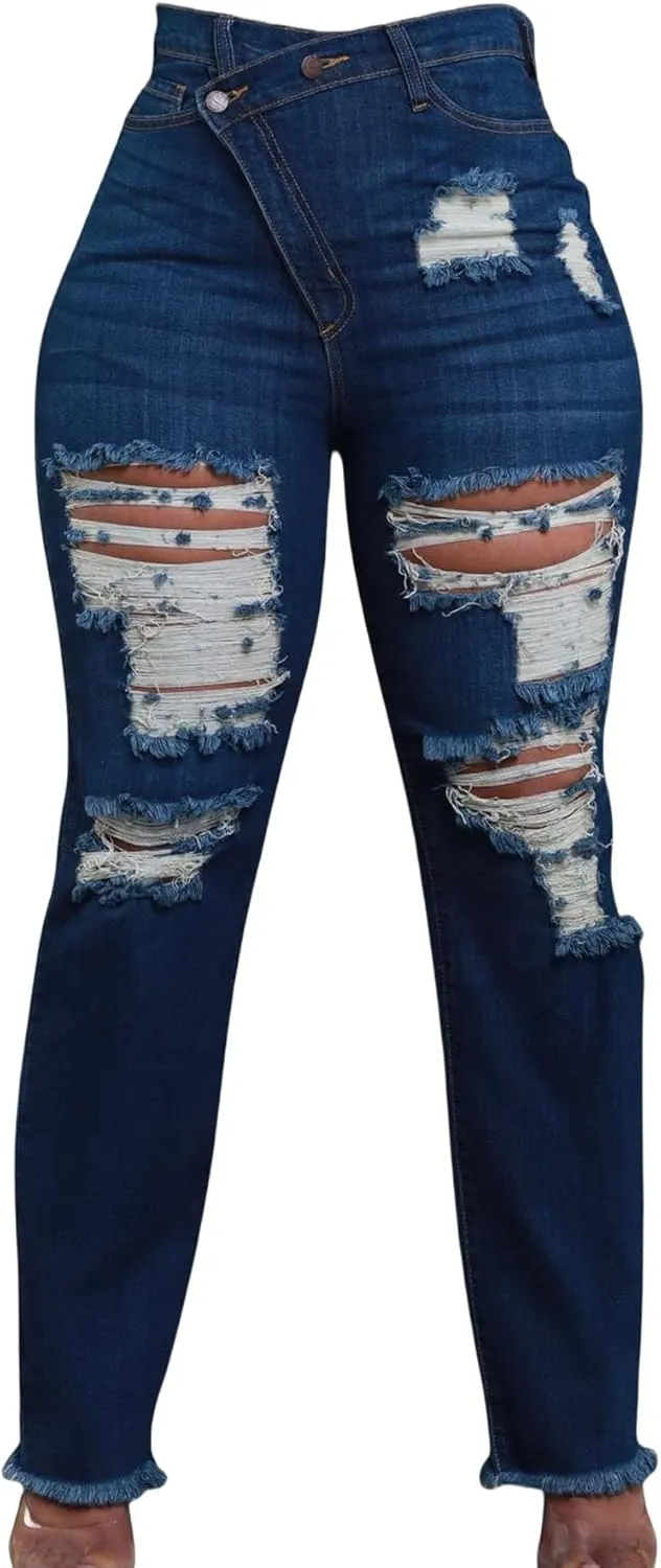 Molisry Women's Ripped Jeans Casual High Waisted Wrap Distressed Y2K Loose Straight Leg Destroyed Denim Pants