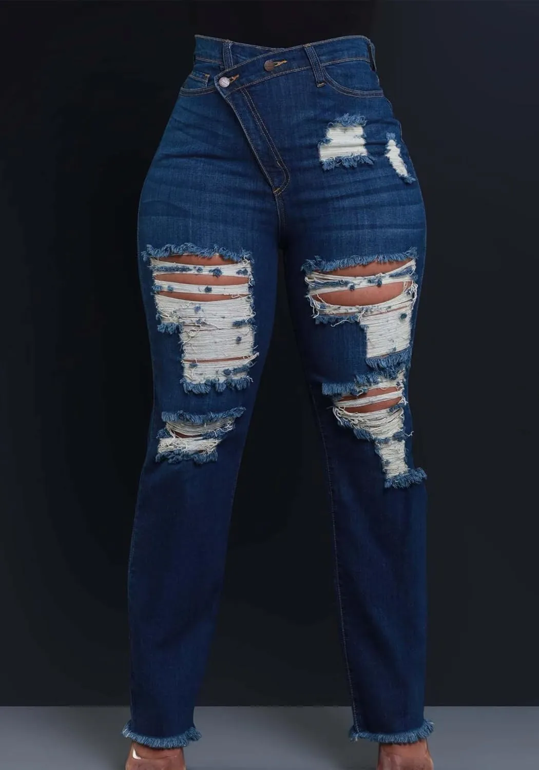 Molisry Women's Ripped Jeans Casual High Waisted Wrap Distressed Y2K Loose Straight Leg Destroyed Denim Pants