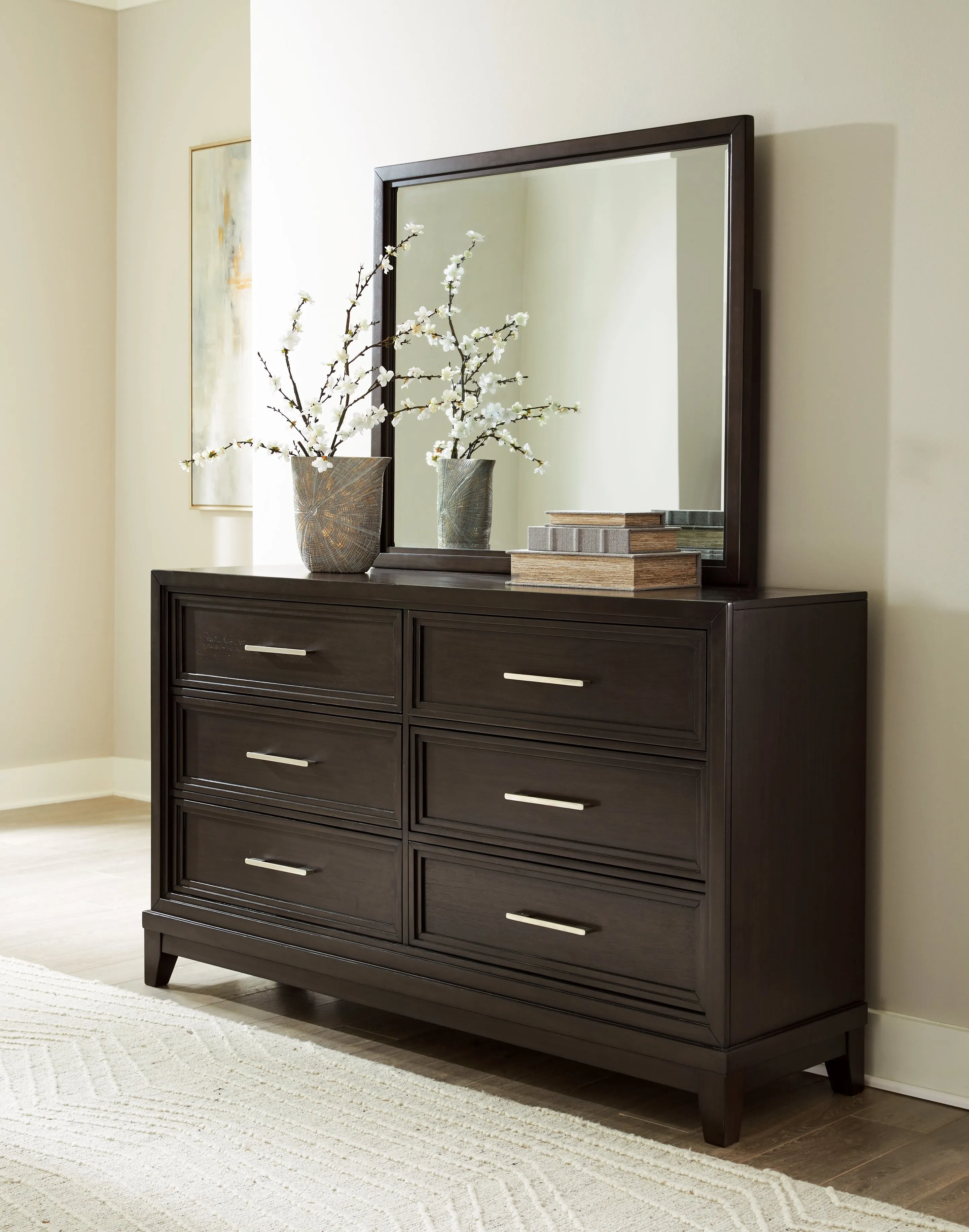 Neymorton King Upholstered Panel Bed with Mirrored Dresser and Nightstand in Dark Grayish Brown