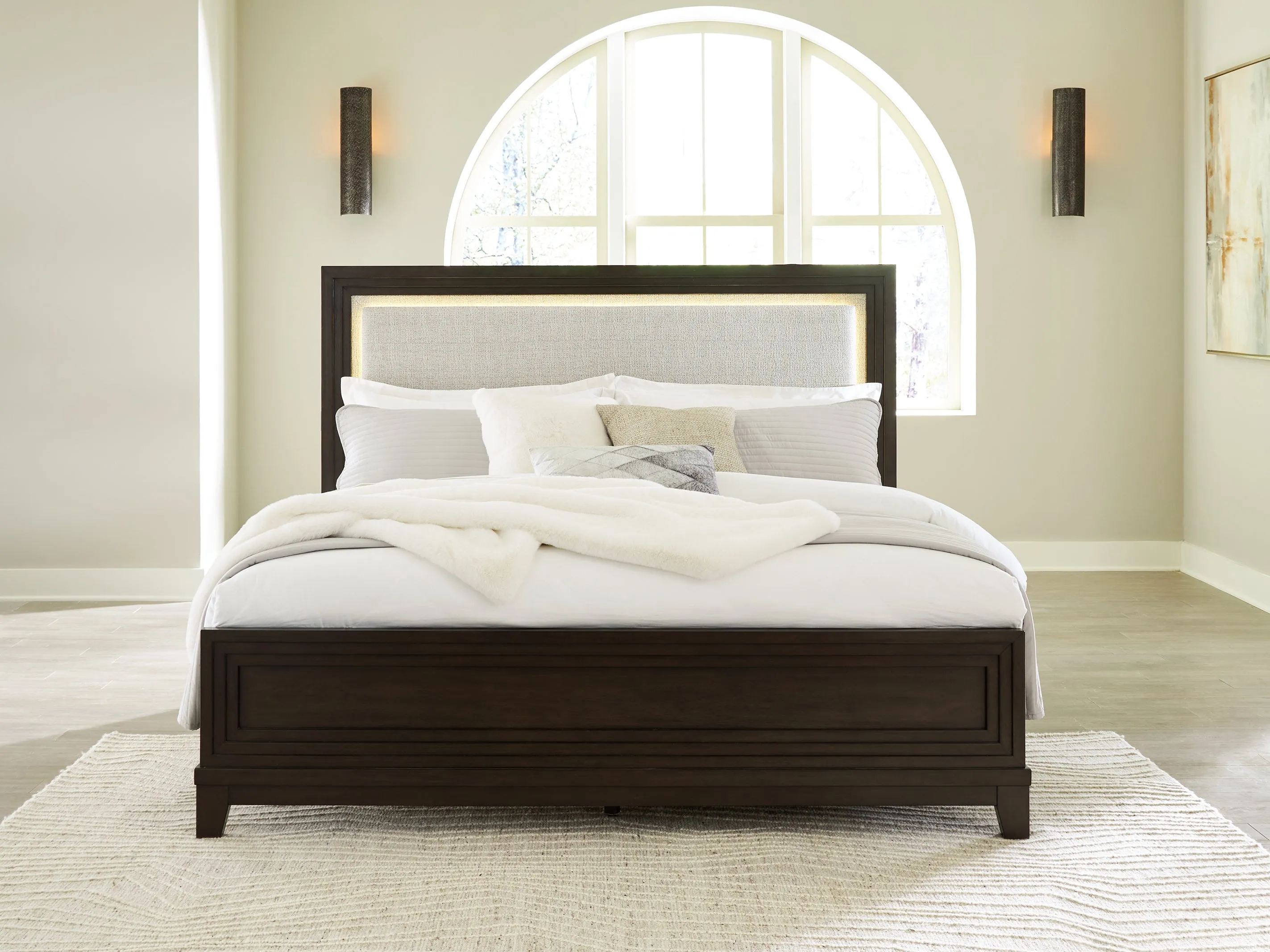 Neymorton King Upholstered Panel Bed with Mirrored Dresser and Nightstand in Dark Grayish Brown