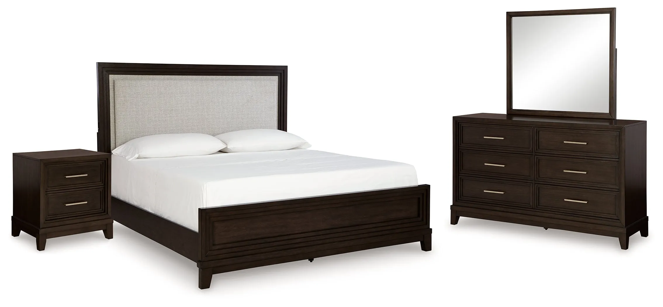 Neymorton King Upholstered Panel Bed with Mirrored Dresser and Nightstand in Dark Grayish Brown