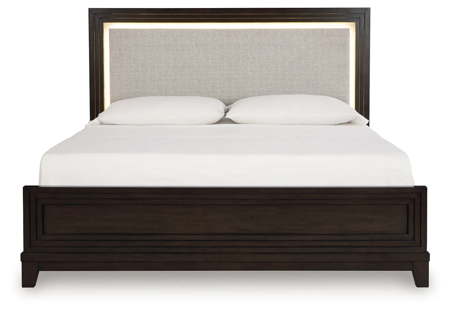 Neymorton King Upholstered Panel Bed with Mirrored Dresser and Nightstand in Dark Grayish Brown