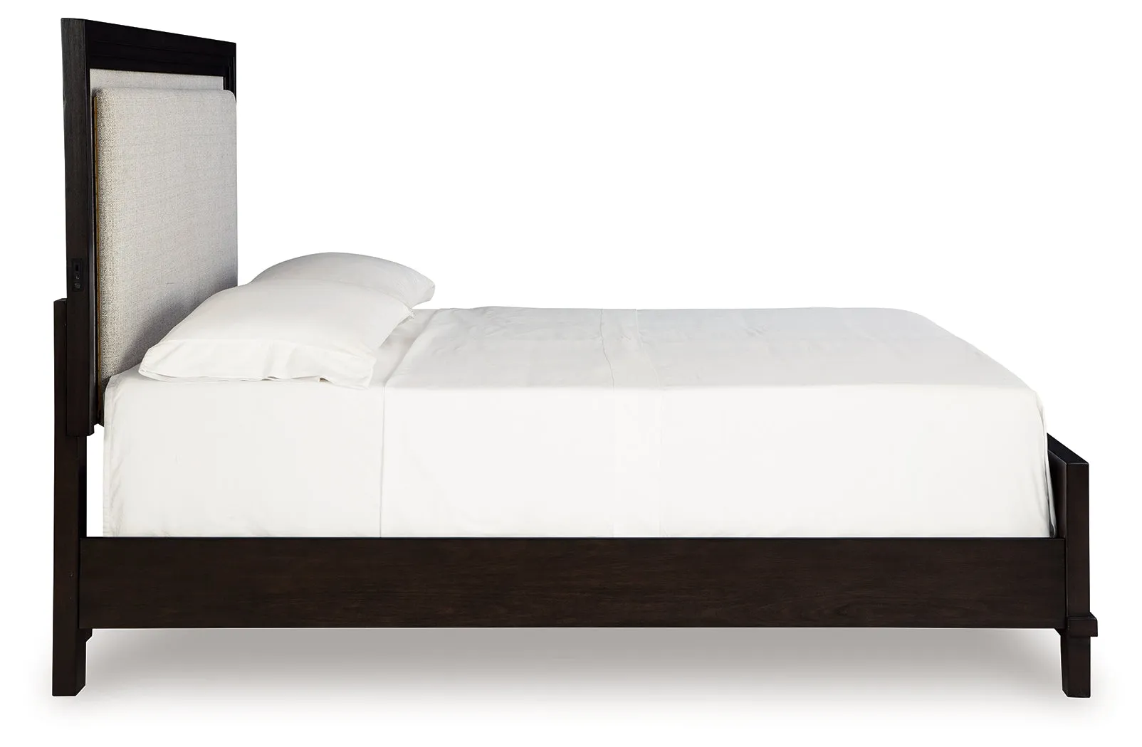 Neymorton King Upholstered Panel Bed with Mirrored Dresser and Nightstand in Dark Grayish Brown