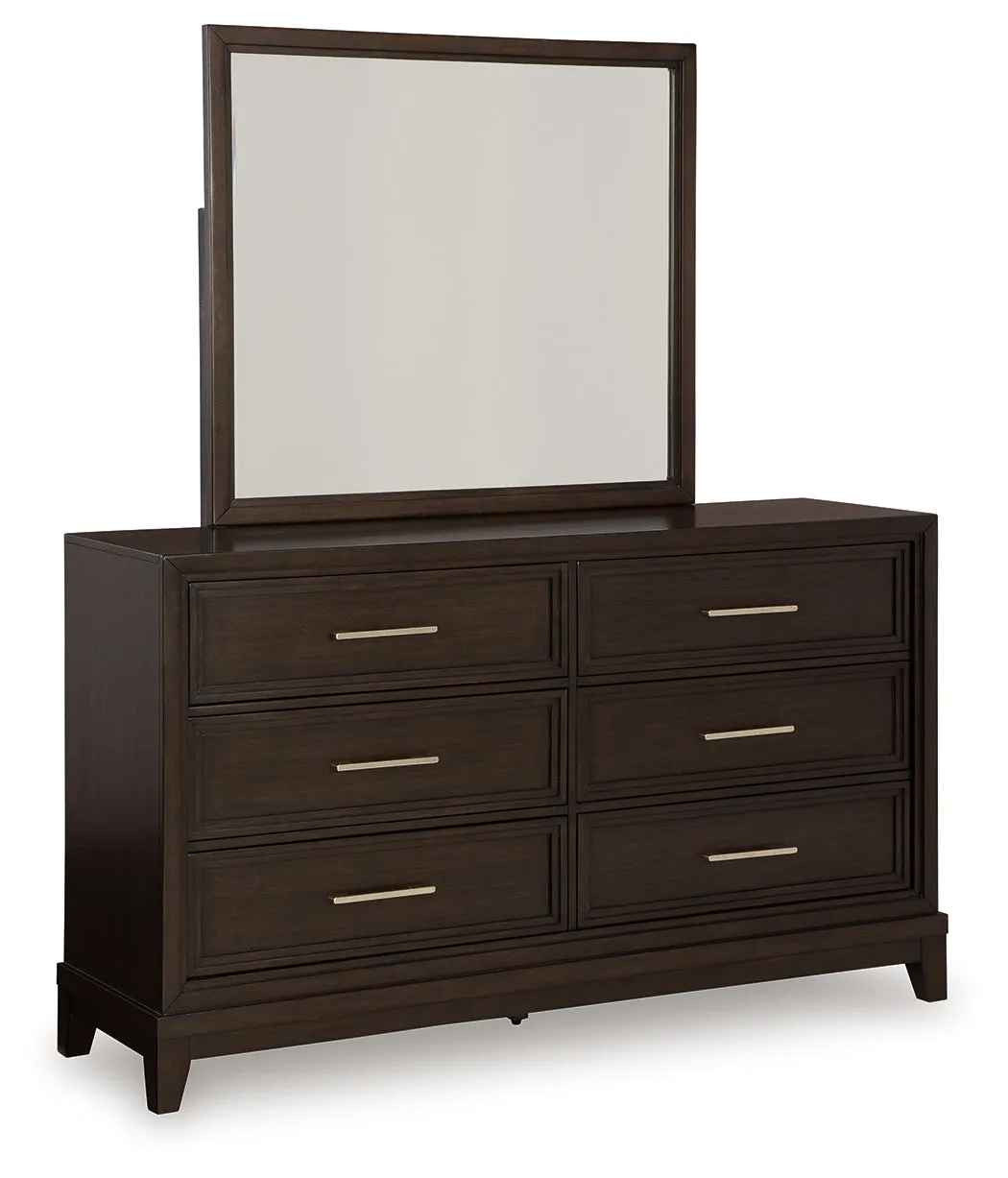 Neymorton King Upholstered Panel Bed with Mirrored Dresser and Nightstand in Dark Grayish Brown