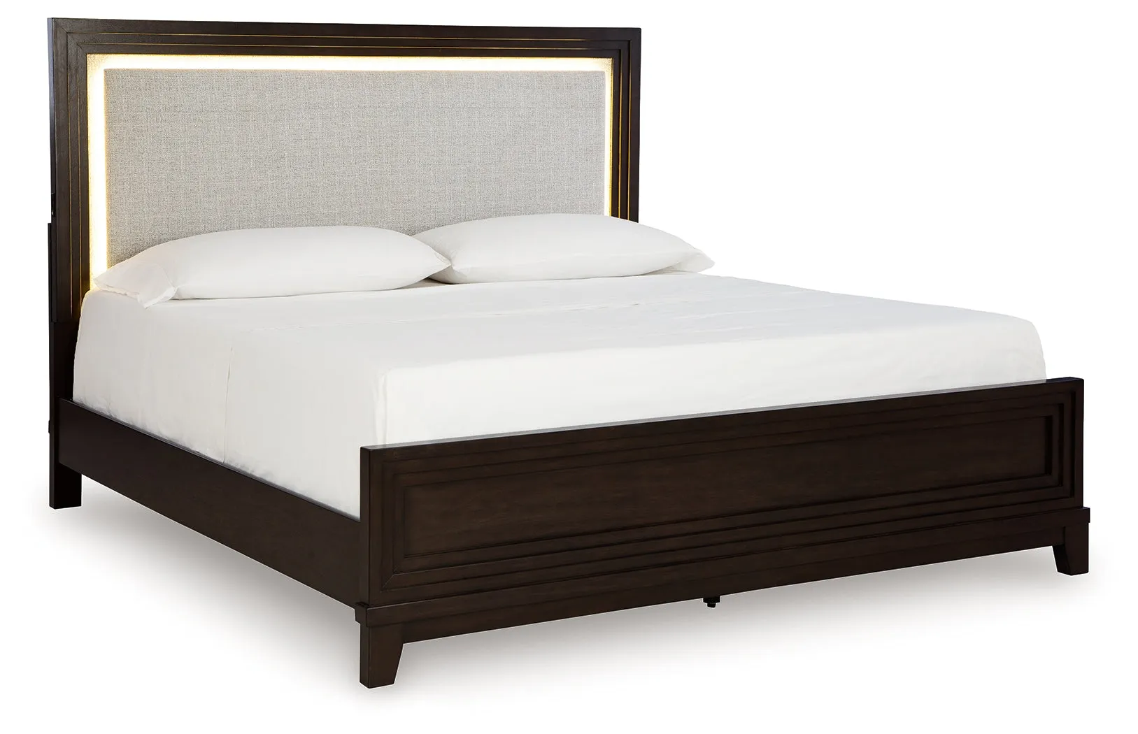 Neymorton King Upholstered Panel Bed with Mirrored Dresser and Nightstand in Dark Grayish Brown