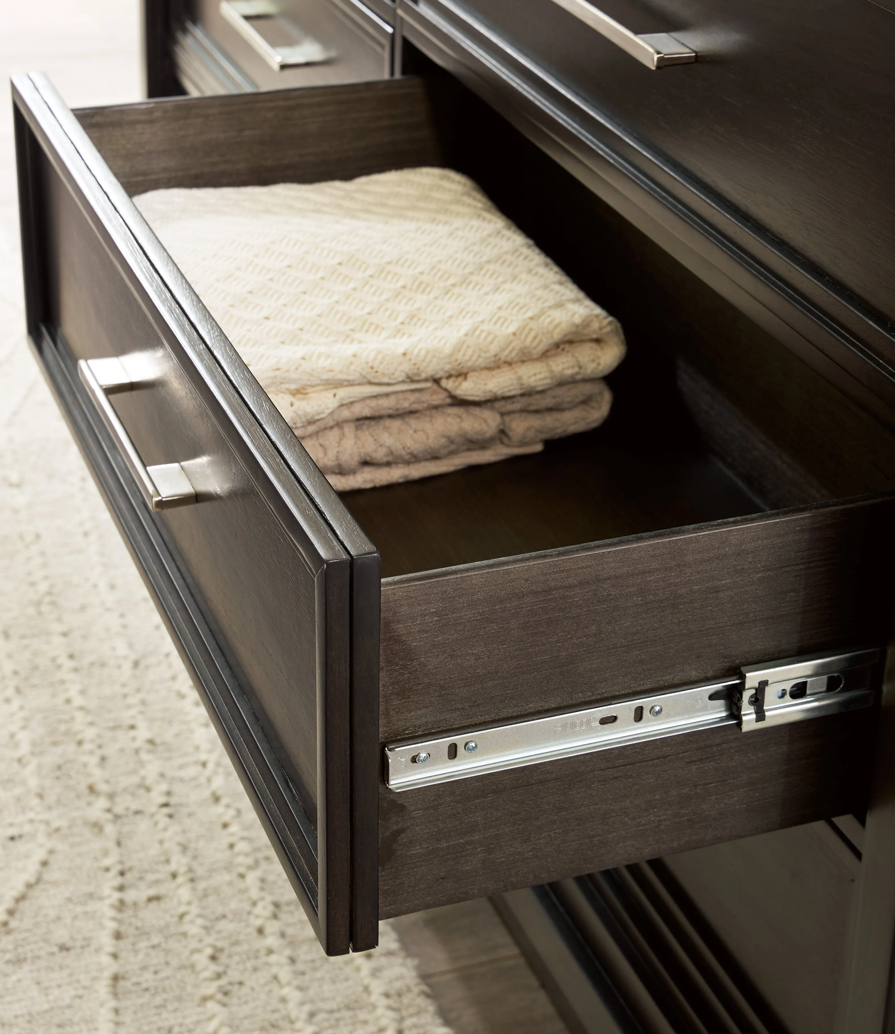 Neymorton King Upholstered Panel Bed with Mirrored Dresser and Nightstand in Dark Grayish Brown