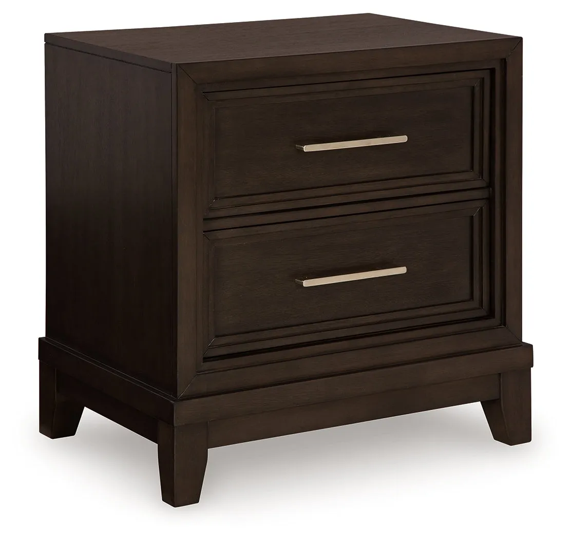 Neymorton King Upholstered Panel Bed with Mirrored Dresser and Nightstand in Dark Grayish Brown