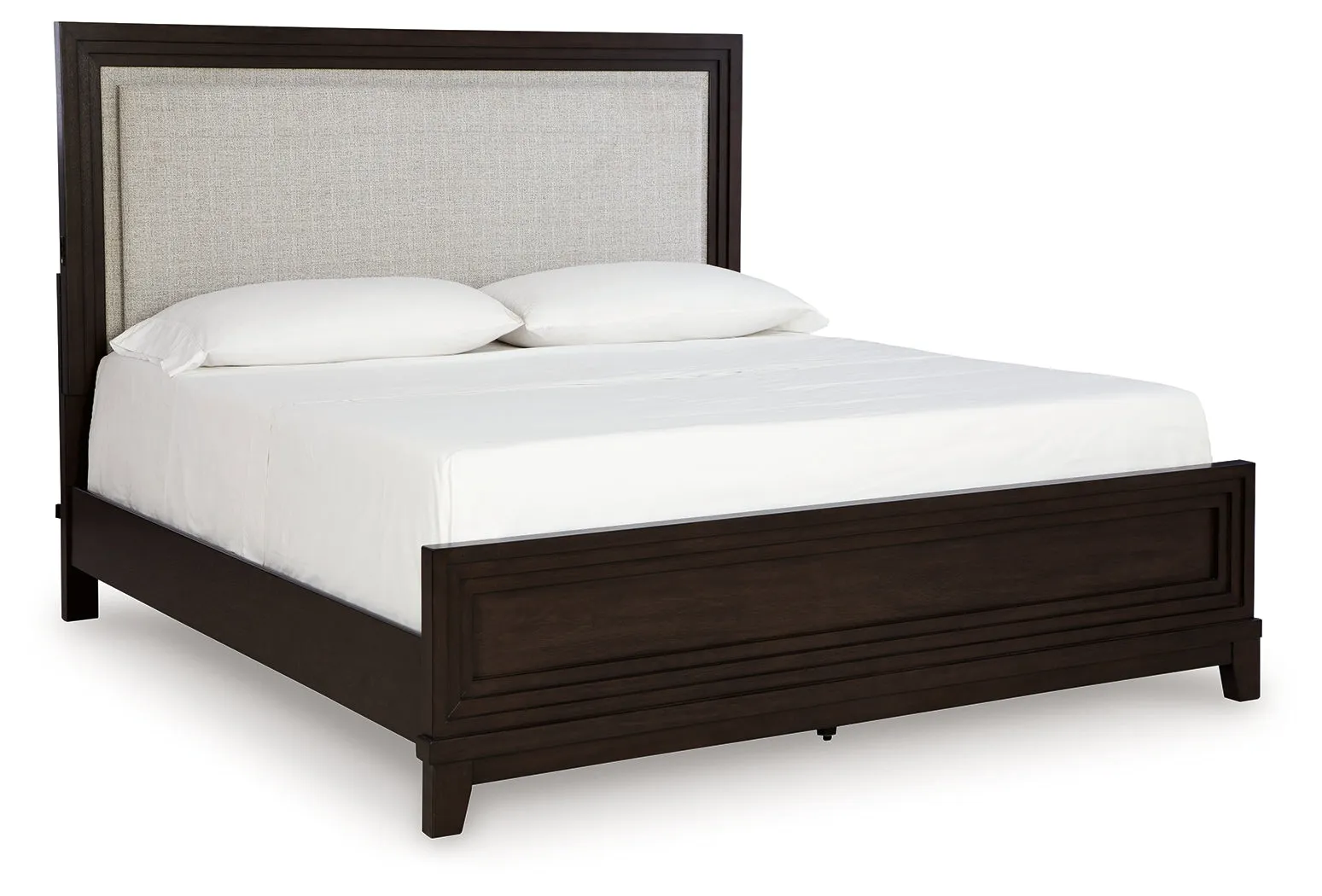 Neymorton King Upholstered Panel Bed with Mirrored Dresser and Nightstand in Dark Grayish Brown