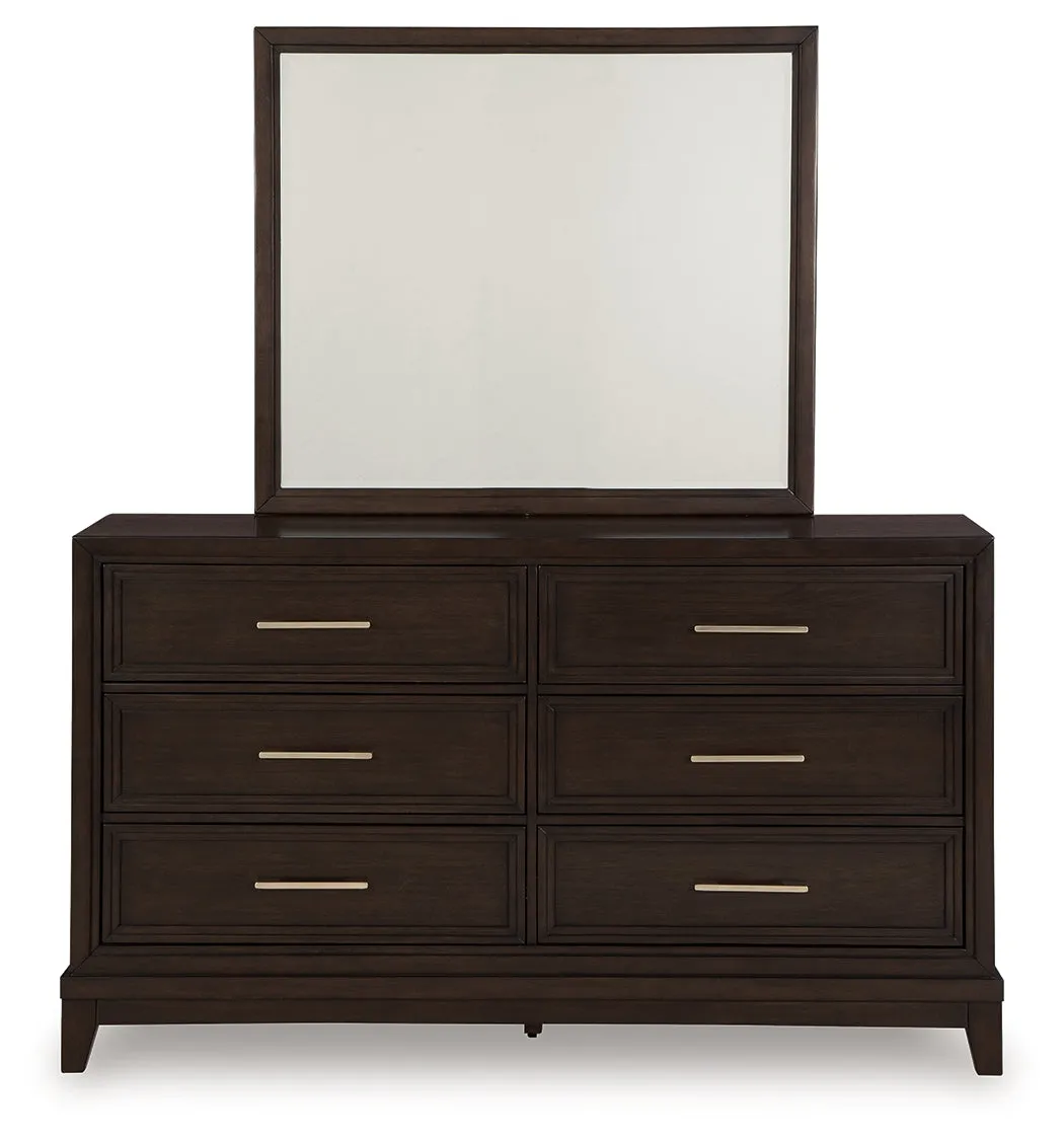 Neymorton King Upholstered Panel Bed with Mirrored Dresser and Nightstand in Dark Grayish Brown