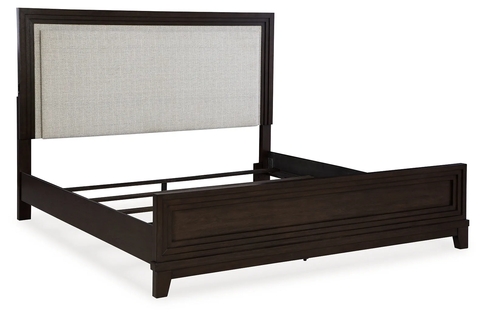 Neymorton King Upholstered Panel Bed with Mirrored Dresser and Nightstand in Dark Grayish Brown