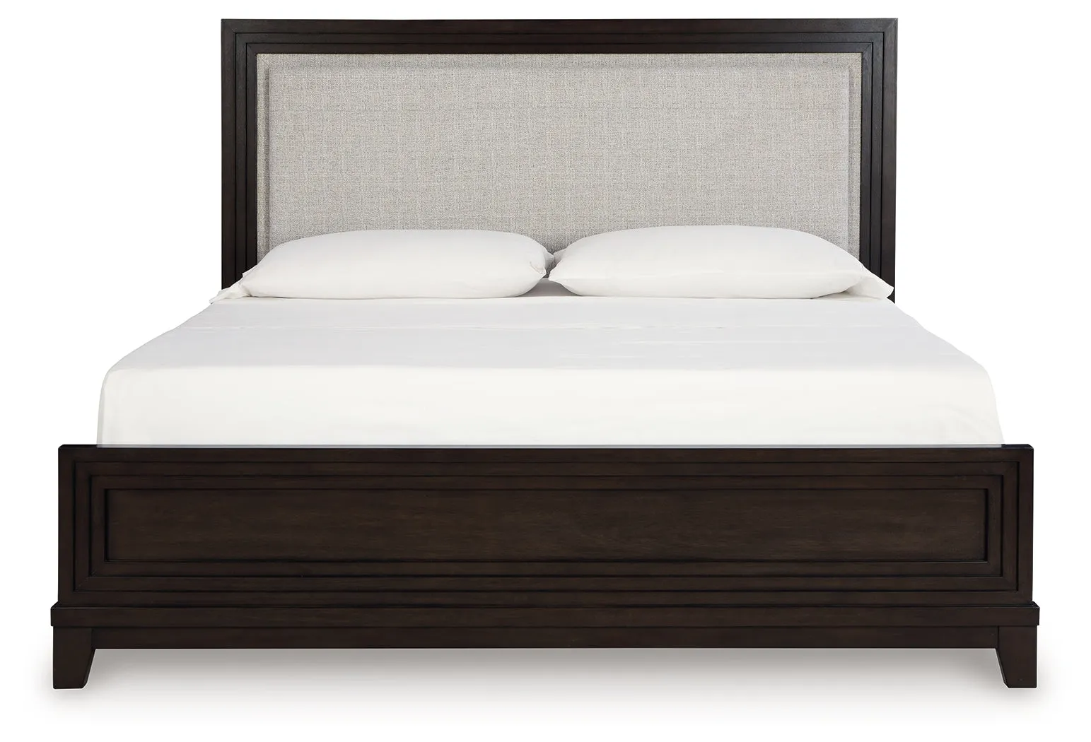 Neymorton King Upholstered Panel Bed with Mirrored Dresser and Nightstand in Dark Grayish Brown