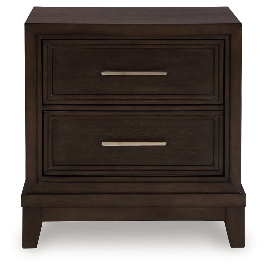 Neymorton King Upholstered Panel Bed with Mirrored Dresser and Nightstand in Dark Grayish Brown