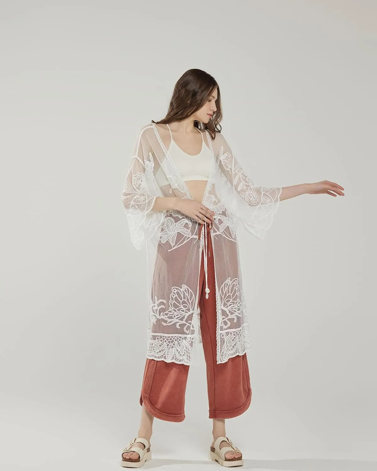 noflik Women's See-Through Embroidered Lace Cardigan