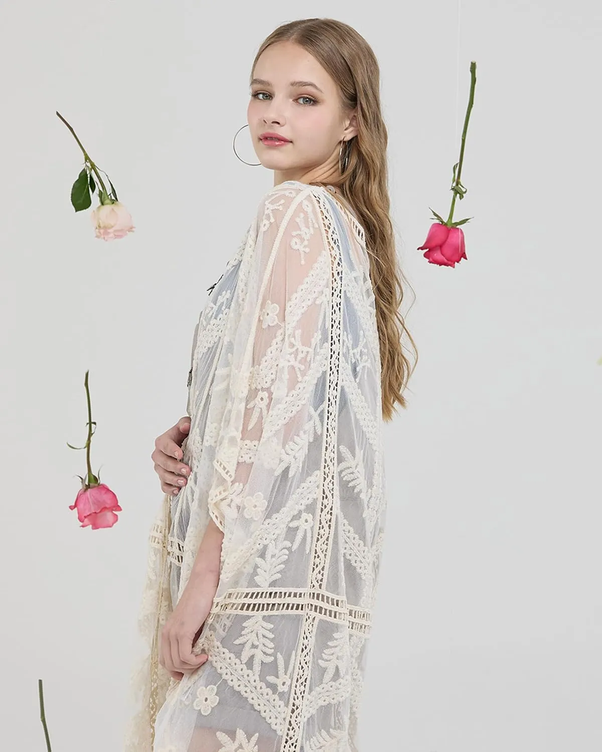 noflik Women's See-Through Embroidered Lace Cardigan