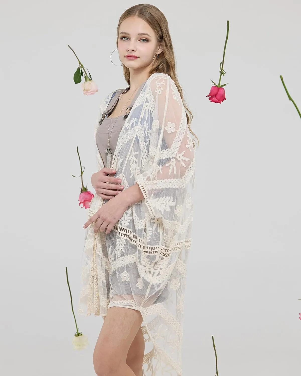 noflik Women's See-Through Embroidered Lace Cardigan