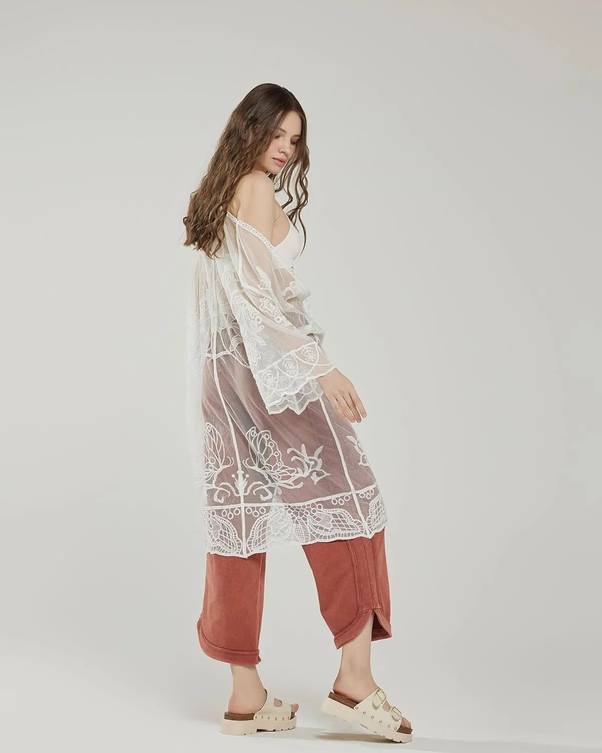 noflik Women's See-Through Embroidered Lace Cardigan