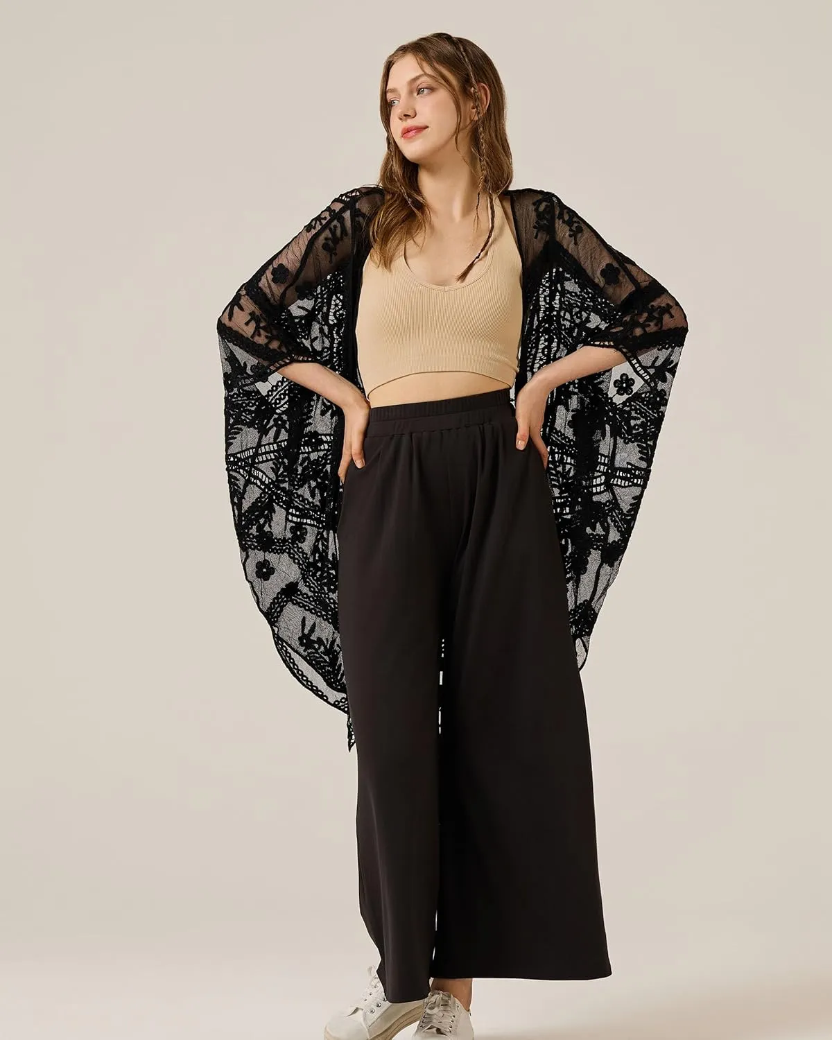 noflik Women's See-Through Embroidered Lace Cardigan