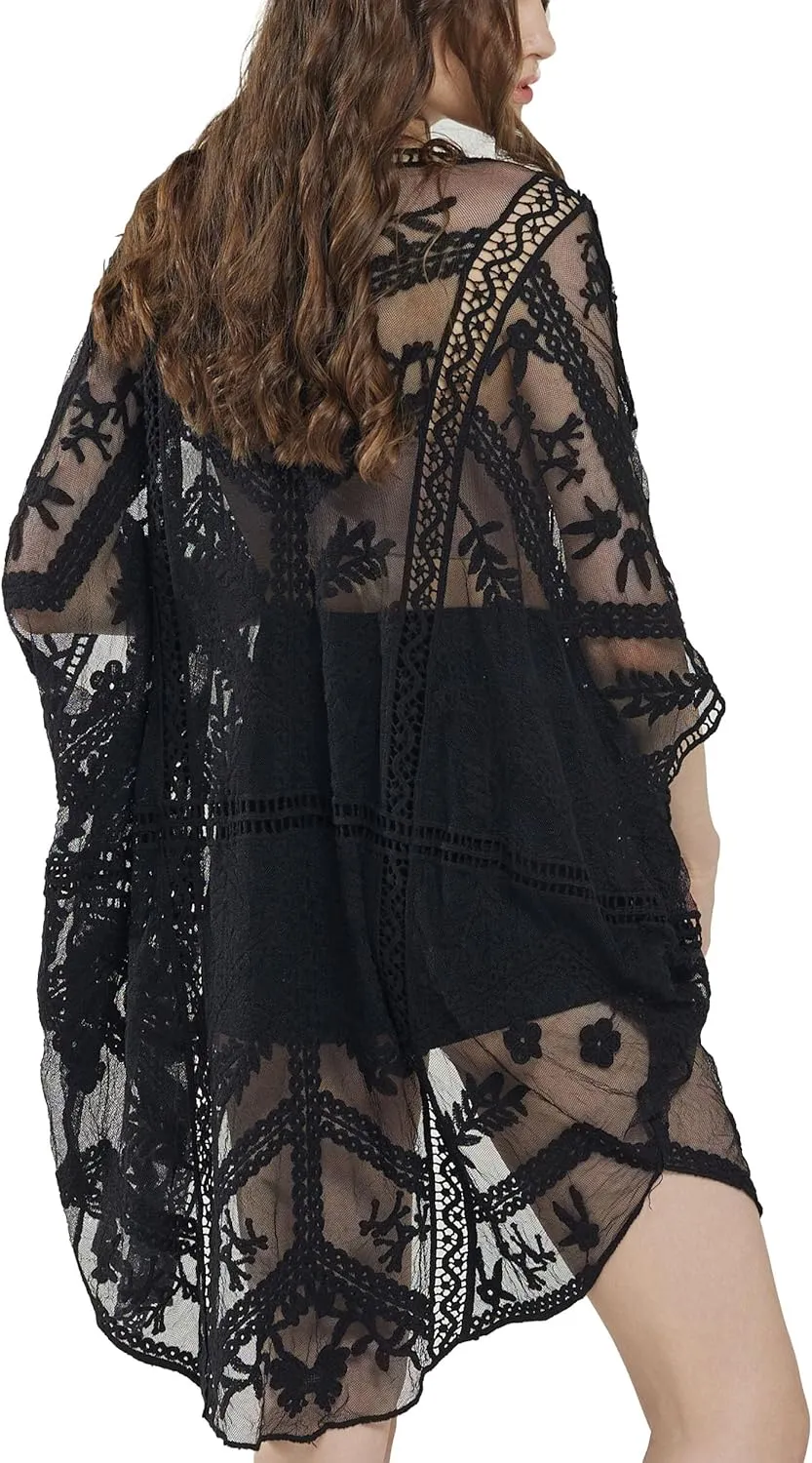 noflik Women's See-Through Embroidered Lace Cardigan