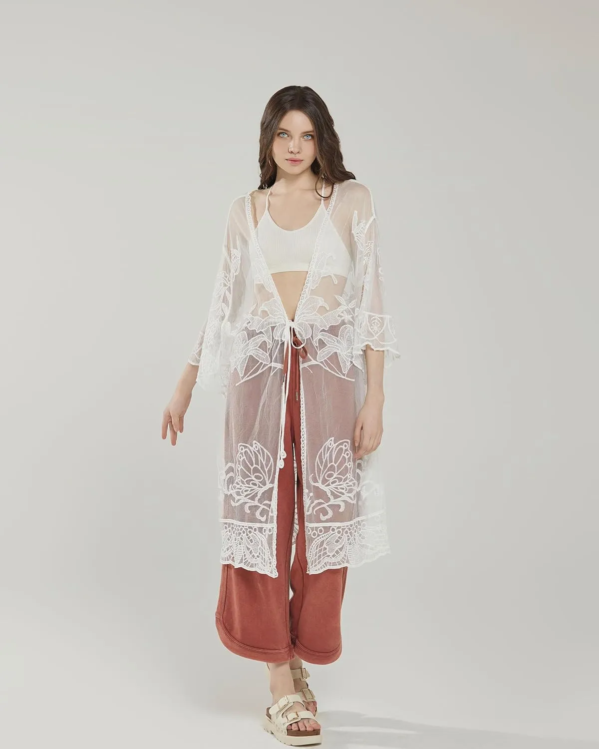 noflik Women's See-Through Embroidered Lace Cardigan