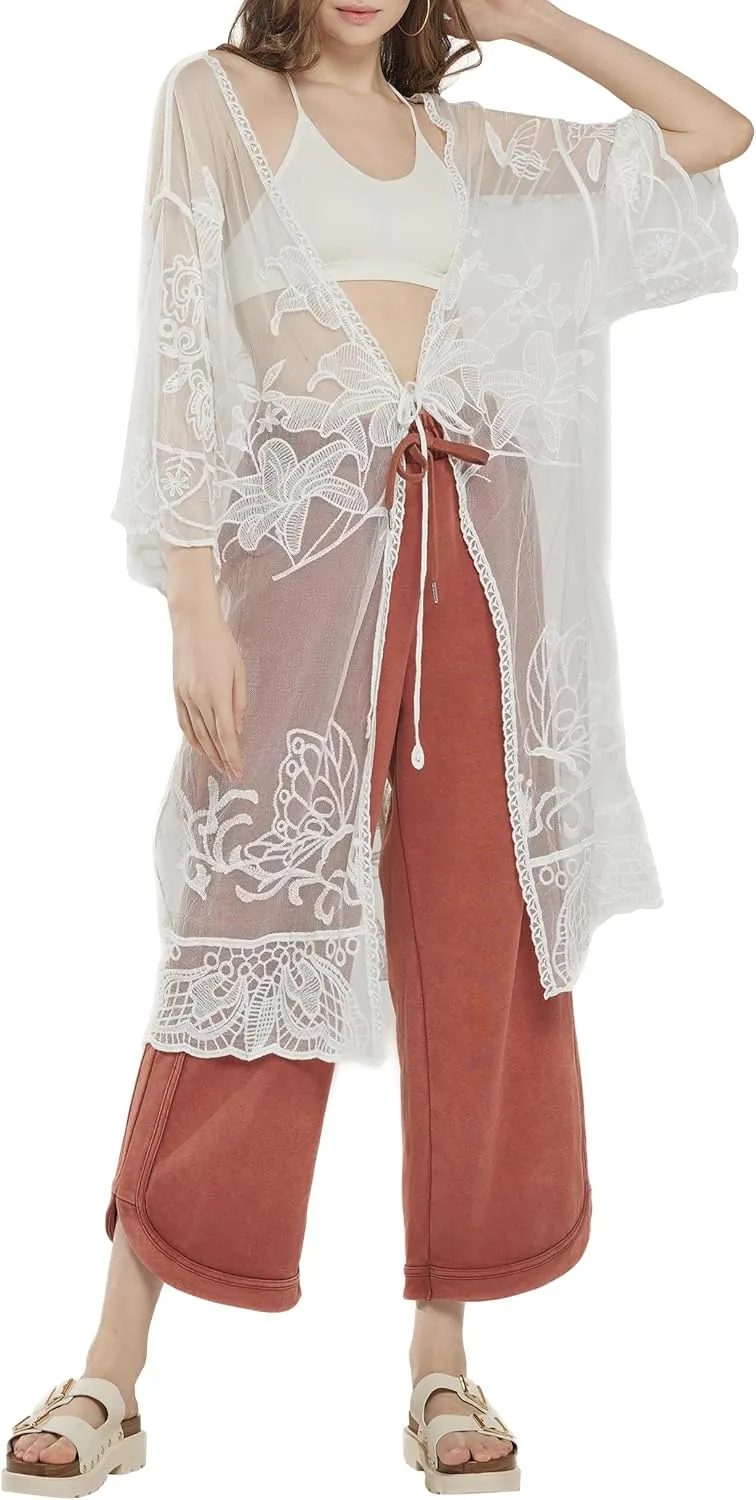 noflik Women's See-Through Embroidered Lace Cardigan
