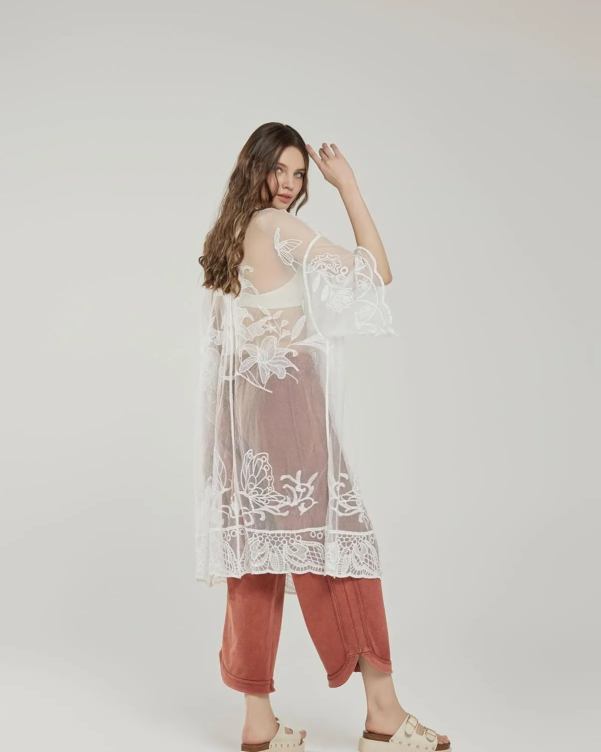 noflik Women's See-Through Embroidered Lace Cardigan