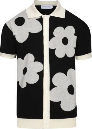 OXKNIT Mens Casual 60s Retro White Flower Knitted Short Sleeve Vintage Button Down Golf Polo