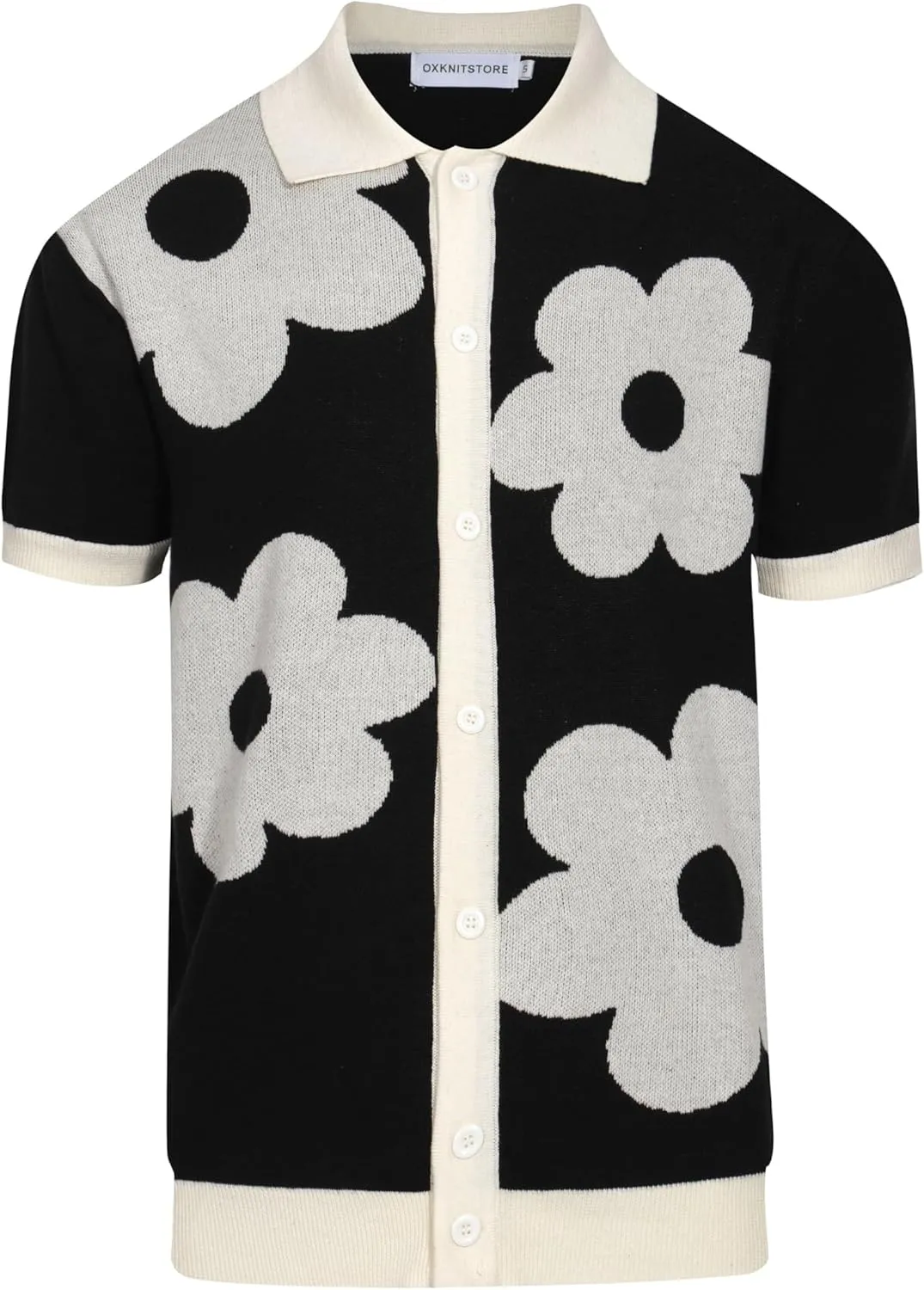 OXKNIT Mens Casual 60s Retro White Flower Knitted Short Sleeve Vintage Button Down Golf Polo