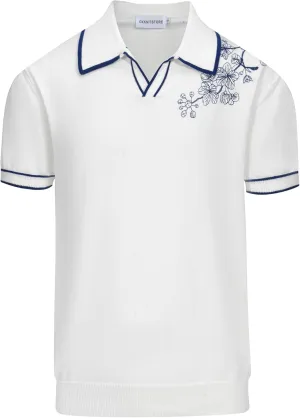 OXKNIT Men's Knitted Vintage Polo Shirts Short-Sleeve Casual V Neck White Shirt with Embroidered Flower