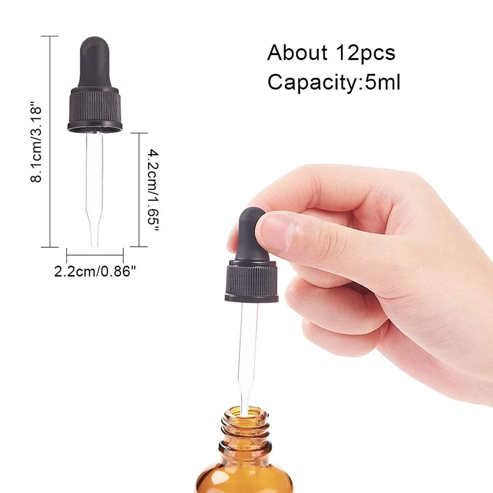 PH PandaHall Set of 12, Glass Eye Droppers for Essential Oil 15ml (1/2 Ounce) Pressure Rotating Cover Oil Droppers Pipettes Roller Tops for Essential Oil Bottles