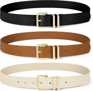 SUOSDEY 2 Pack 3 Pack Womens Fashion Leather Belts for Jeans Dresses Pants Black Brown Beige Ladies Belts with Gold Buckle
